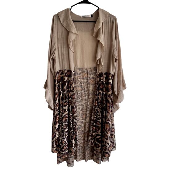 Origami by Vivien L XL Ruffle Tan Leopard Print Duster Kimono - Picture 1 of 4